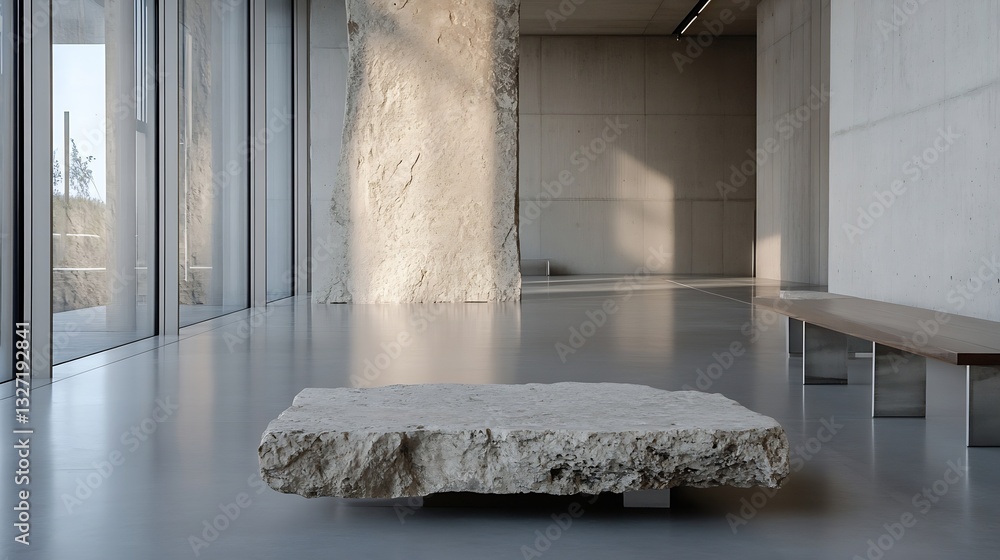 Aufkleber contemporary art installation featuring a unique stone slab in a spacious gallery : generative ai