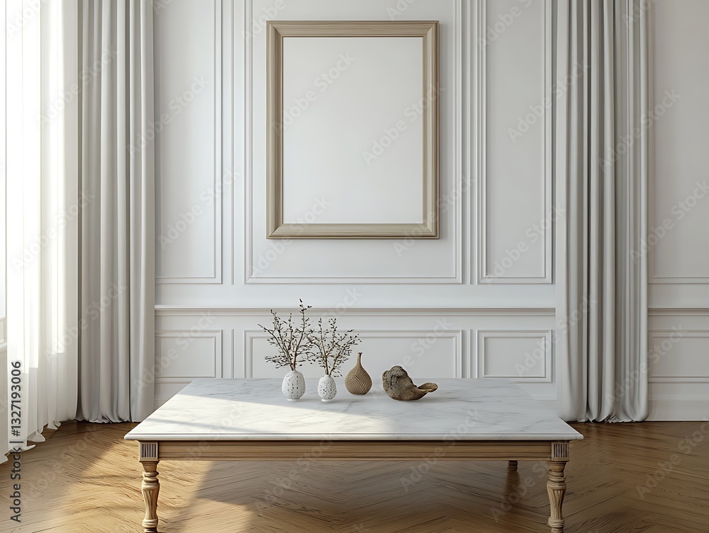 Poster 3d rendering of empty frame on wall in elegant interior setting