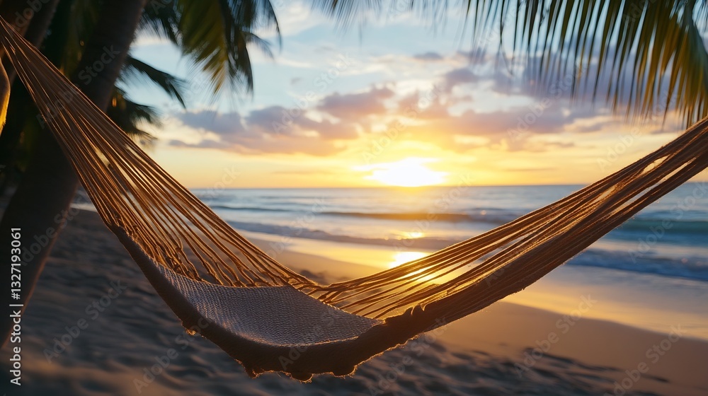 Poster tropical beach sunset view with hammock and gentle waves lapping the shore : generative ai