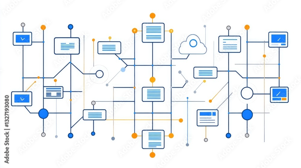 Poster a tech-inspired illustration of cloud services with interconnected nodes and a two-tone cloud icon, 