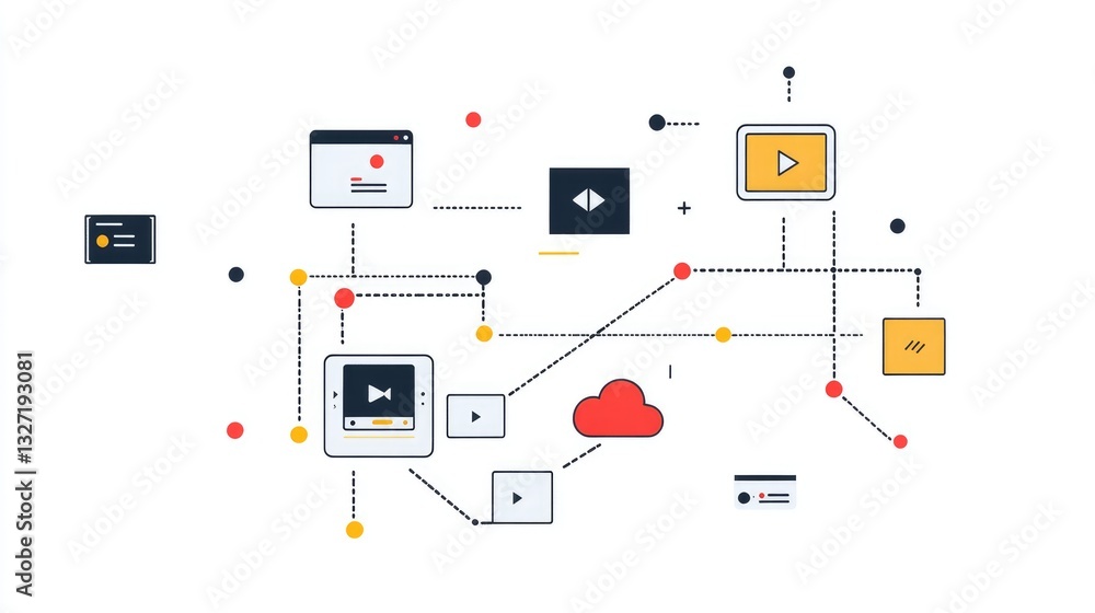 Poster a tech-inspired illustration of cloud services with interconnected nodes and a two-tone cloud icon, 