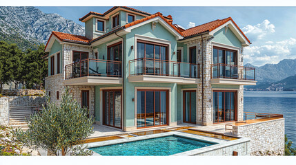 Coastal stone and teal villa with infinity pool and mountain backdrop