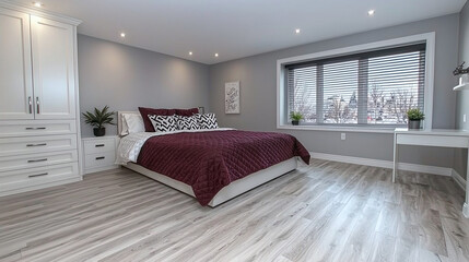 Modern bedroom with burgundy bedding and white furniture on gray walls
