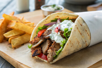 Delicious Greek Gyros Wrap with Tasty Ingredients and Crispy Fries Served on Wooden Board