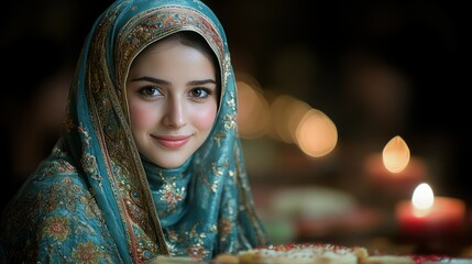 Portrait of a Woman in an Ornate Teal Hijab