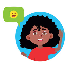 A black girl greets and waves her hand. The girl is inscribed in a circle and welcomes 