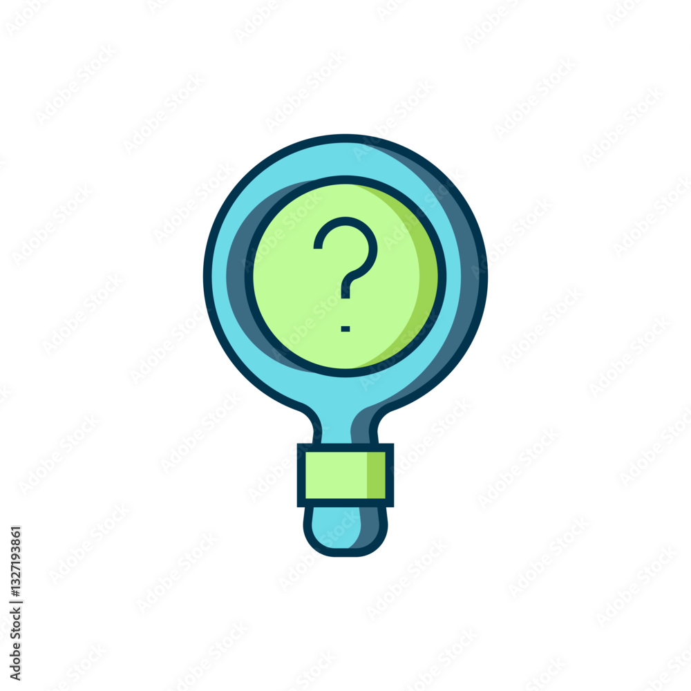 Poster filled outline unknown search icon isolated on white background. magnifying glass and question mark.