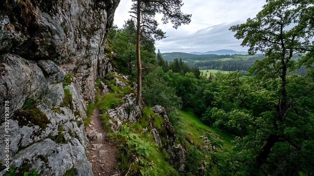Poster breathtaking nature trail leading through rocky cliffs and lush greenery in a serene environment : g