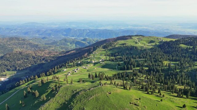 Aerial view of idyllic pasture and mountain landscape with lush green hills and tranquil valley, Velika Planina, Kamnik, Slovenia.