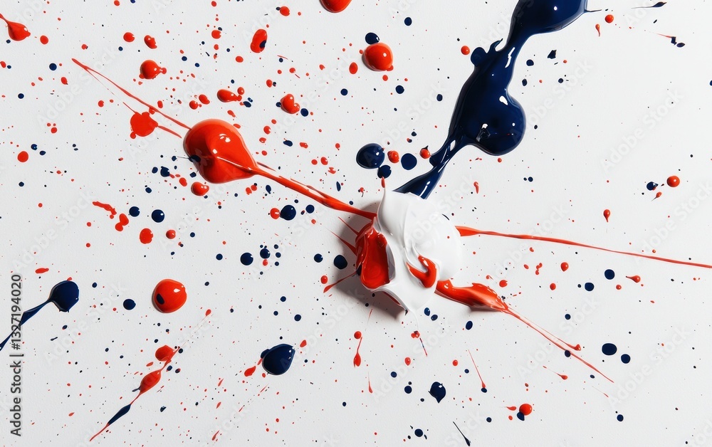 Poster abstract image featuring red, white, and blue paint splatters on a textured white background. the pa