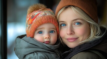A heartwarming portrait of a mother and her baby, bundled up in winter attire, sharing a tender moment. Their bright blue eyes captivate, creating a scene of warmth and love.