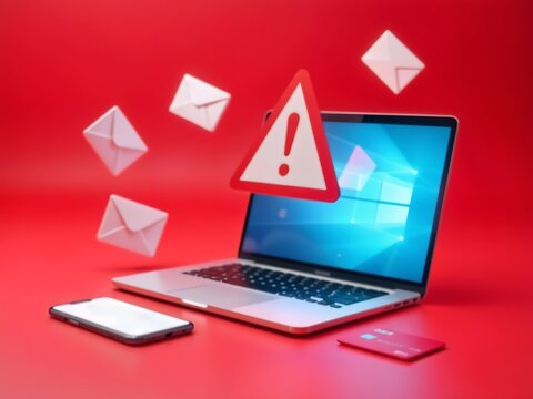 Laptop and Warning Sign Representing Email Security Risk in Digital Communication with Blue Screen Glow and Red Background - Powered by Adobe
