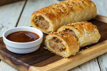 Delicious British Gourmet Sausage Roll on Wooden Board with Sauce for Culinary Delight