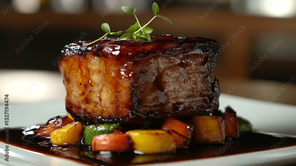 Poster a slow-cooked pork belly presented with a glossy glaze, resting on a bed of sauted vegetables and dr