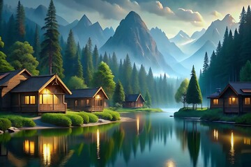 Fototapeta premium Serene Mountain Cabins Nestled By A Tranquil Lake At Twilight, Reflecting The Majestic Peaks And Soft Evening Light