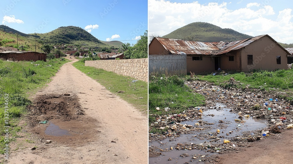 Poster before and after image of a cleaned-up polluted area showing successful waste management efforts.