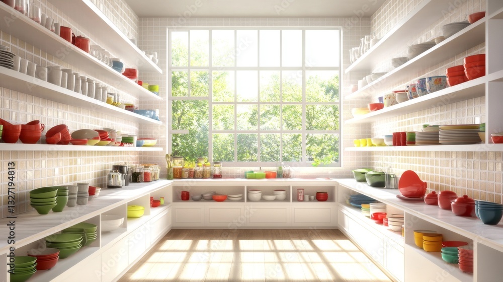 Poster a spacious kitchen with large windows allowing natural light to flood in, highlighting the open shel