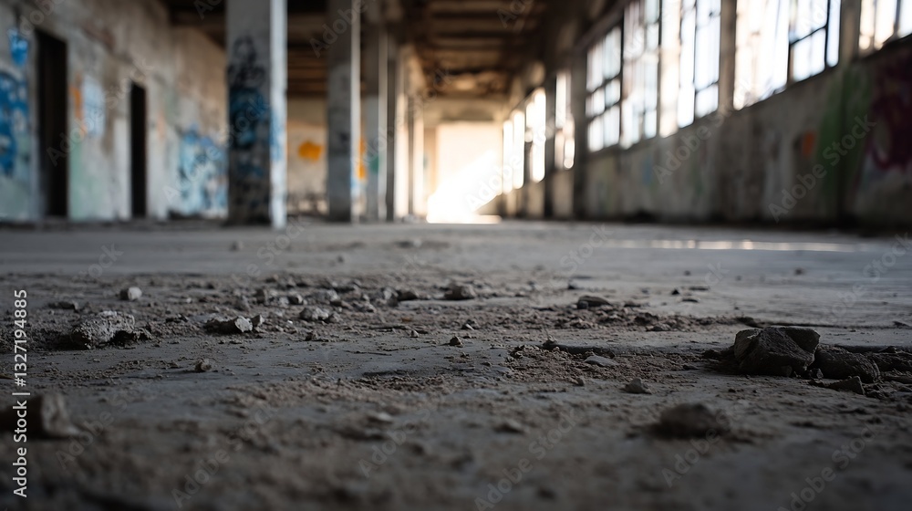 Poster abandoned industrial space with debris and sunlight streaming through dusty windows : generative ai