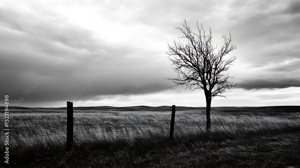 Poster lonely leafless tree standing alone in a grassy field under dramatic cloudy sky : generative ai