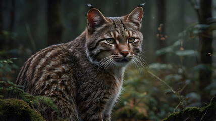 Obraz premium Bobcat Sitting in Forest with Striking Pattern and Intense Gaze