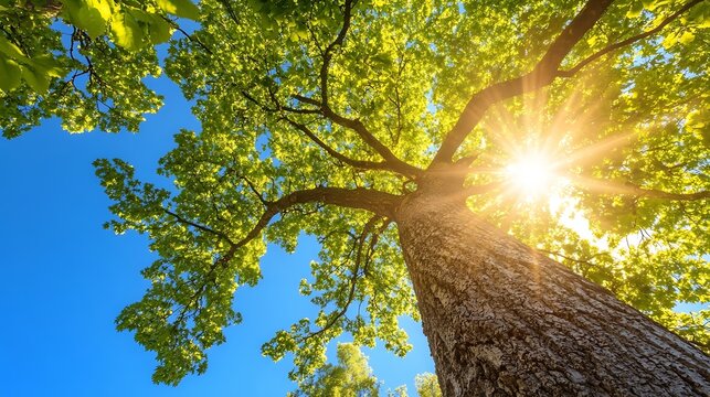 Majestic sunlit tree with lush green leaves under a clear blue sky creating a serene natural landscape view : Generative AI