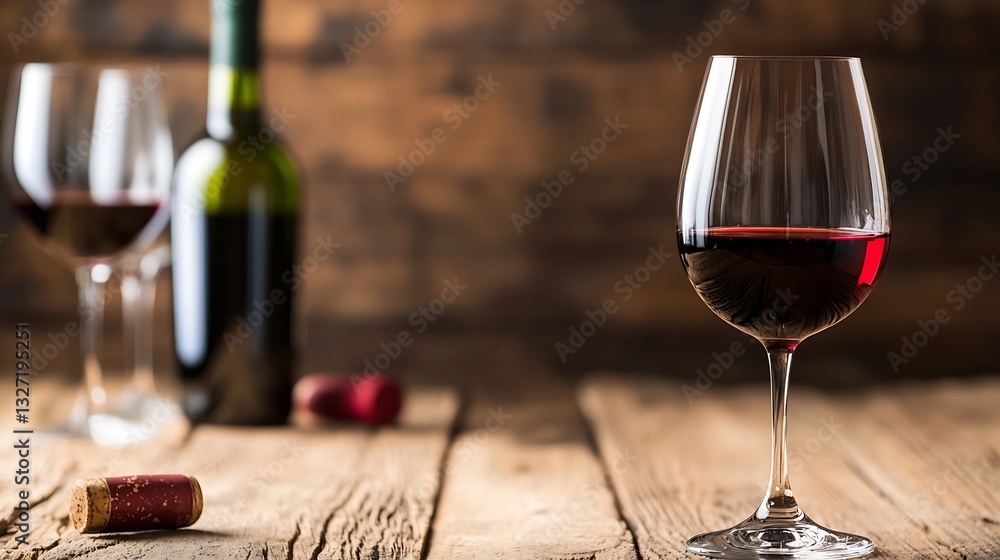 Aufkleber Elegant red wine glass on wooden table with bottle and corks in a rustic setting : Generative AI