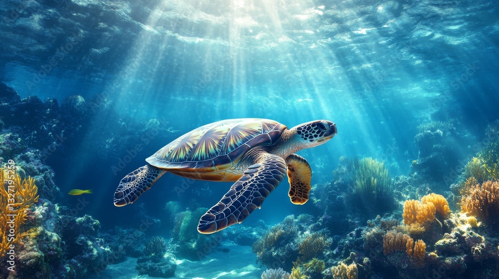Poster A striking image of a sea turtle diving deep into the ocean, with rays of sunlight breaking through the water surface, creating a mesmerizing underwater scene.