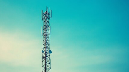 Obraz premium A striking image of a tall cell phone tower against a clear blue sky, with antennas and satellite dishes prominently displayed, representing modern communication technology.