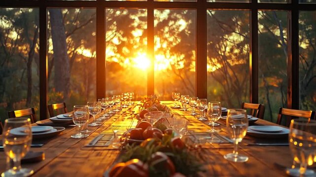 Elegant dining setup at sunset with a long table adorned with fresh produce and glassware
