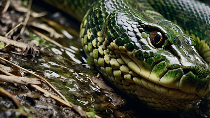 Obraz premium Close Up of Green Anaconda Snake Head Resting in Shallow Water