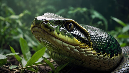 Obraz premium Green Anaconda Close-up Lurking in Jungle Foliage with Sharp Eye