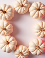 White pumpkins on a white background, creative flat lay thanksgiving concept, top view with copy space, Colored gel lighting. White tone