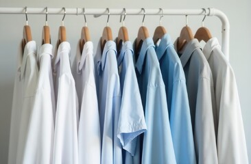 Clothing rack displaying pastel and neutral garments, including T-shirts, blouses in white, blue and grey pastel shades