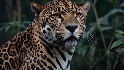 Obraz premium Jaguar Portrait Watching Intently in Lush Green Jungle Environment