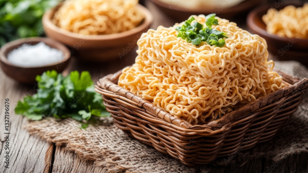 Poster a stylish shot of instant noodles arranged on a table, with a soft focus on the background, showcasi