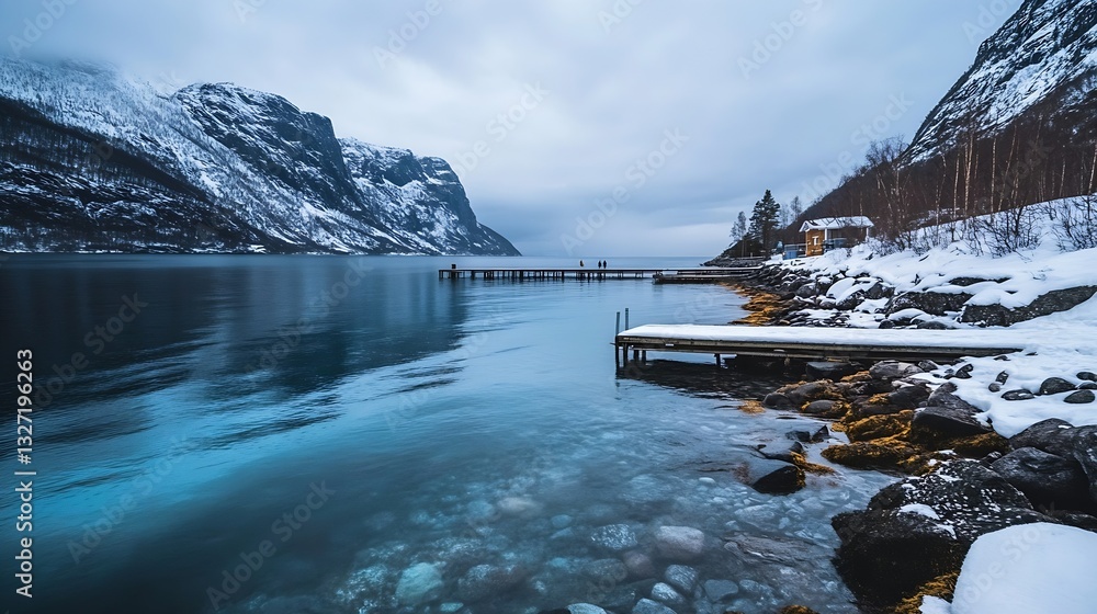 Poster peaceful winter scene by the calm lake with snowcapped mountains in the background : generative ai