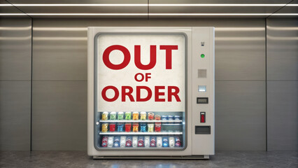 Out of order vending machine in elevator, displaying large sign. machine is filled with various snacks and drinks, creating humorous and exaggerated situation