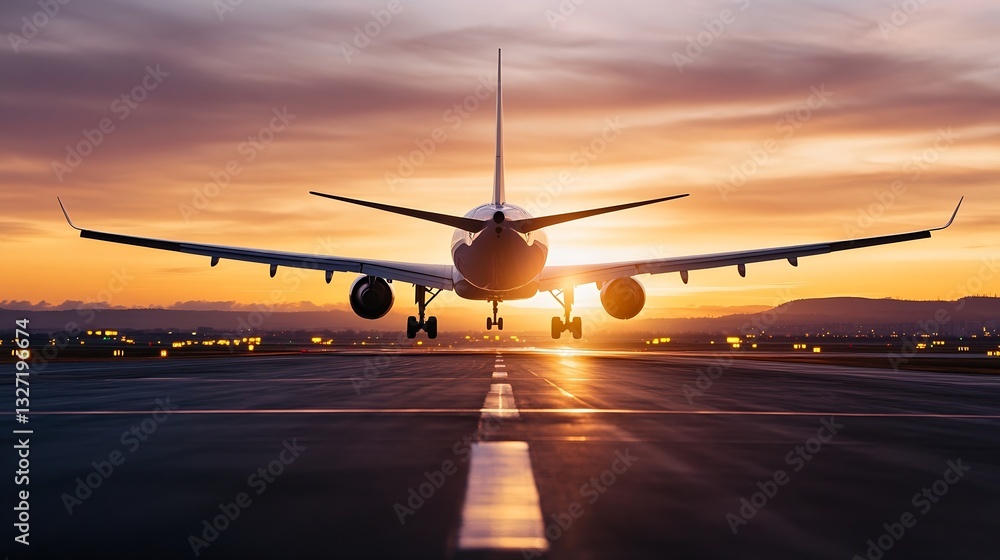 Poster airplane taking off at sunset with glowing sky and airport lights radiating in the background : gene
