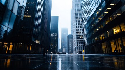 Obraz premium A vibrant cityscape showcasing tall skyscrapers and glass buildings illuminated during a rainy night : Generative AI