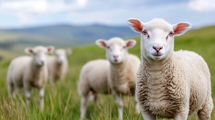 Obraz premium Charming group of playful sheep grazing peacefully in a lush green meadow under bright skies : Generative AI