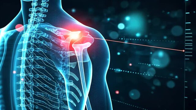 High-tech orthopedic X-ray, displaying a damaged shoulder blade with vertebral fractures. A futuristic medical scan highlights bone density loss with luminescent blue overlays.