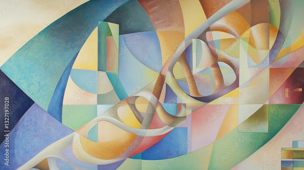 Poster abstract geometric art featuring colorful curved shapes and interwoven geometric forms. vibrant comp