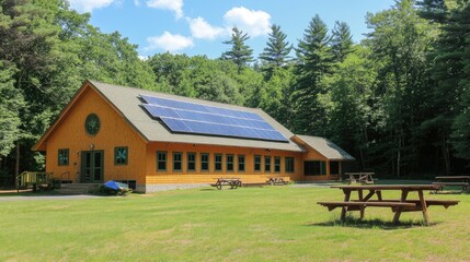 Obraz premium Energy-efficient school building with solar panels and geothermal heating systems.