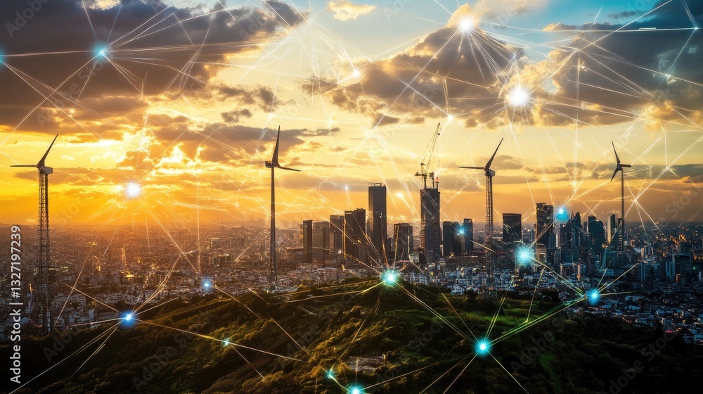 Poster future city skyline with net-zero energy buildings and ai-driven power distribution.