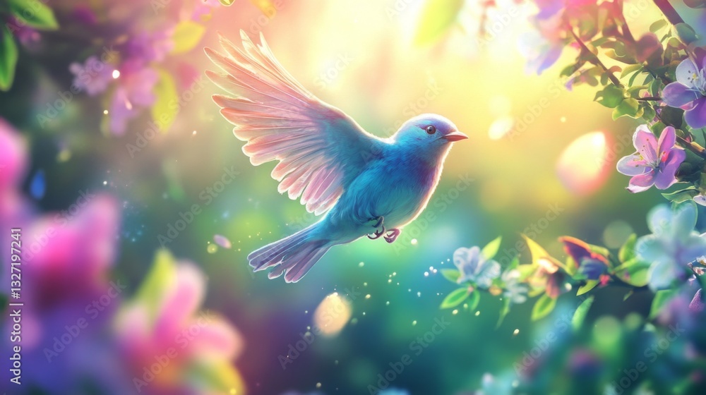 Poster a vibrant bluebird in full flight, captured in sharp detail as it flits between branches, surrounded