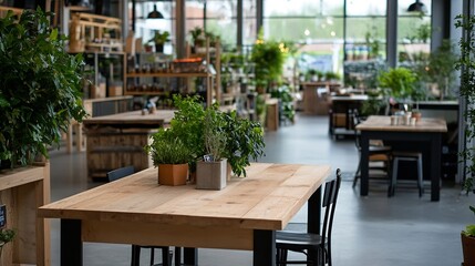 Stylish rustic wooden dining table surrounded by greenery in a trendy cafe setting : Generative AI