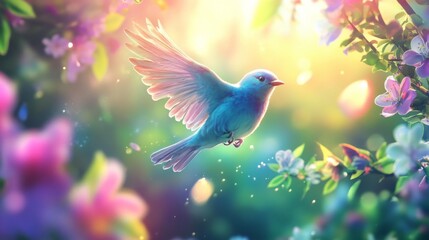 Obraz premium A vibrant bluebird in full flight, captured in sharp detail as it flits between branches, surrounded by blooming flowers in a sunny garden.