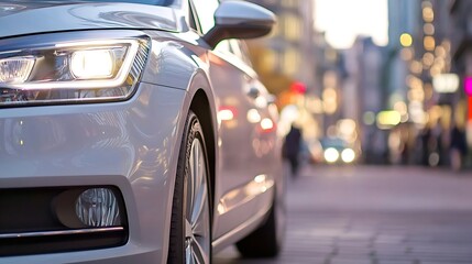 Naklejka premium Elegant CloseUp View of a Luxury Car at Night with Glowing City Lights in the Background : Generative AI