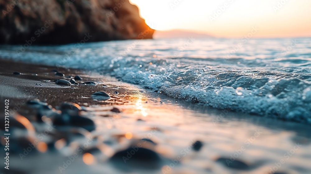 Poster serene beach scene of gentle waves lapping against smooth stones at sunset in coastal paradise : gen