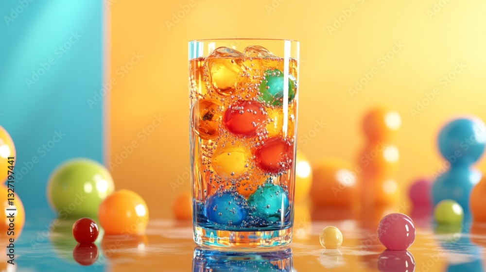 Poster a vibrant glass of soda with colorful bubbles and ice cubes, positioned on a marble countertop, with